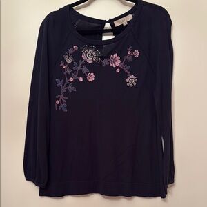 NWT LOFT Navy Embellished Long Sleeve Top